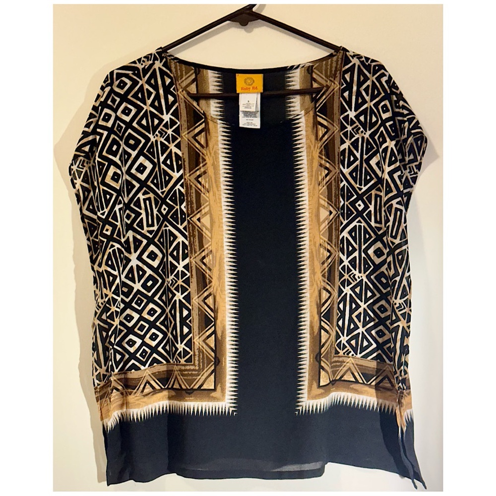 Ruby Rd Geometric Print Blouse Small Black Tan Sh… - image 1